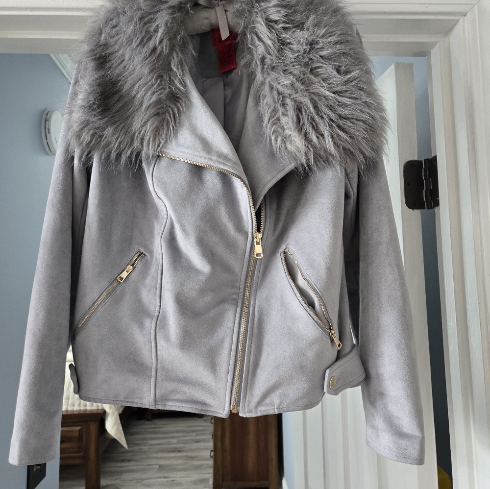 V Cristina Light Gray Faux-Fur Collar Suede-Look Bomber Jacket
